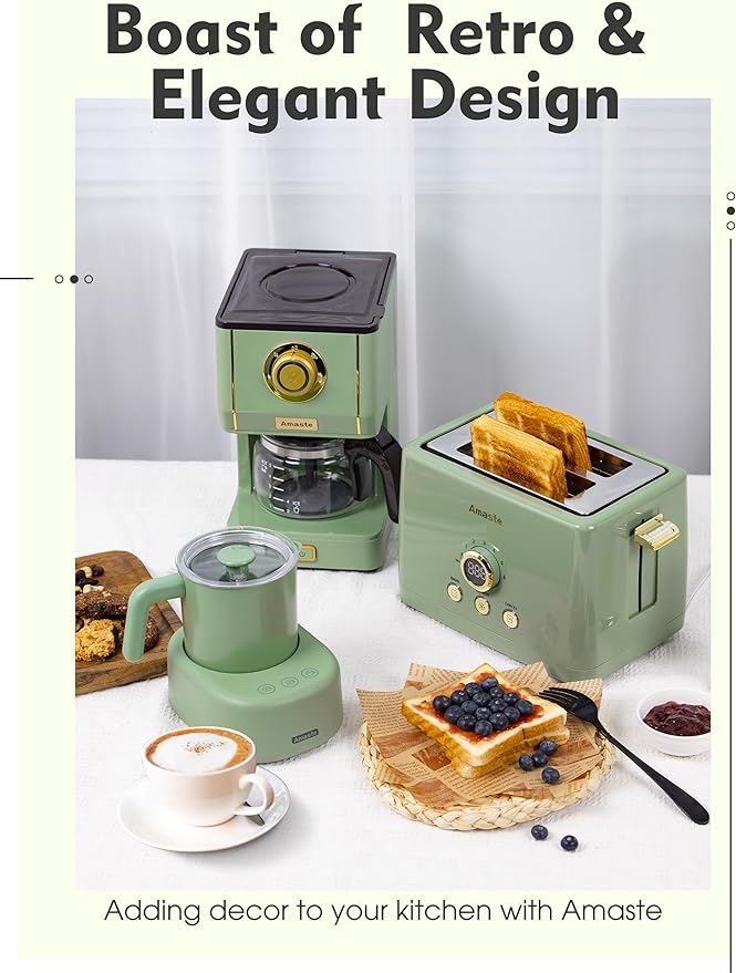 Amaste Drip Coffee Maker, Coffee Machine with 25 Oz Glass Coffee Pot, Retro Style Coffee Maker with Reusable Filter & Three Brewing Modes, 30minute-Warm-Keeping, Matcha Green