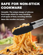 Anaeat Non-Stick Silicone Locking Tong Set of 2 - Stainless Steel 9" and 12" Kitchen Food Tongs with Non-Slip Silicone Tips and Grip for Cooking, Baking and BBQ - Heavy Duty & Heat Resistant (Black)
