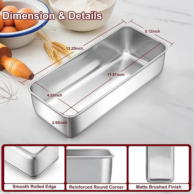 LIANYU 4 Pack 12 x 5 Inch Stainless Steel Loaf Pans, Large Bread Baking Pans Set for Lasagna, Meat, Cake, Brownies, Ice Cream, Healthy & Durable, Dishwasher & Freezer Safe