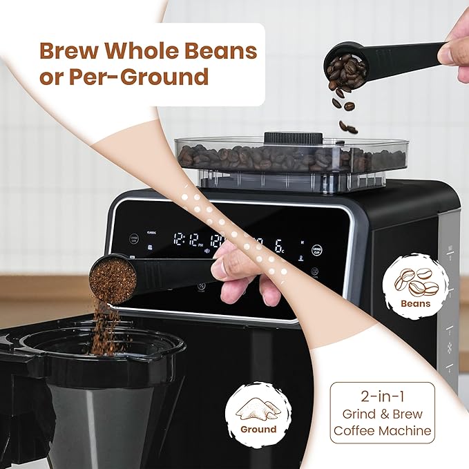 Gevi 10-Cup Grind & Brew Coffee Maker with Built-in Burr Grinder – Programmable Touch Screen, 4-Hour Keep Warm, Permanent Filter, Drip Coffee Machine for Home & Office