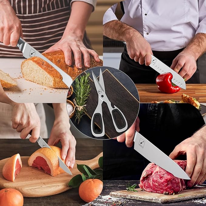 Knife Sets for Kitchen with Block imarku G14 Japanese Knife Set Stainless Steel Kitchen 14pcs, Built-in Sharpener, Sharp Knives with Non-slip Ergonomic Handle - Dishwasher Safe, Home Essential Gifts