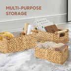 Greenatural Water Hyacinth Storage Baskets Set of 3, Handwoven Rectangular Organizer with Wooden Handles, 3 Different Sizes, Nested Wicker Bins for Shelf, Bathroom, Kitchen, Office, Natural Home Decor