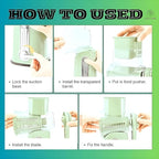 5-in-1 Manual Rotary Cheese Grater with Handle – Stainless Steel Blades for Slicing, Shredding, Grinding & Wavy Cuts – Strong Suction Base, Blade Storage Box – Green