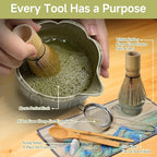 Matcha Whisk Set with Ceramic Bowl - Bamboo Whisk (Chasen), Scoop, Sifter & Holder - Complete Kit for Traditional Matcha Tea - Unique Gifts for Tea Lovers (Celadon Lotusl)