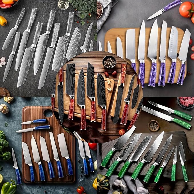 8-Piece Premium Japanese Kitchen Knife Set - Imperial Collection, Laser Damascus Pattern, 440A Stainless Steel Ultra Sharp for Fast Cutting (DMS-8A-Purple)