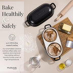 nuovva Dutch Oven for Sourdough Bread Baking – Enamelled Cast Iron Bread Loaf Pot – 500°F Oven Safe Non Stick Bread Pot – Double Round Loaf Space, 16.5cm Diameter, Black