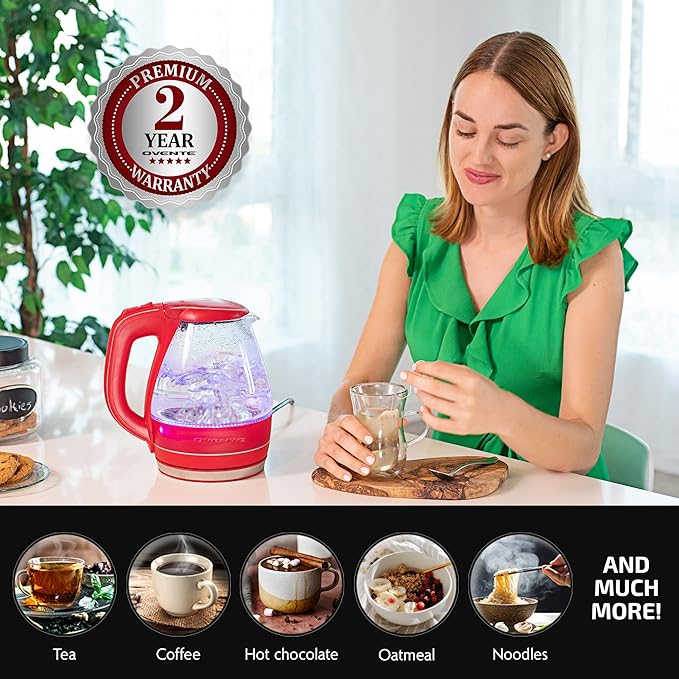 OVENTE Electric Kettle, 1.5L Borosilicate Glass Countertop Water Heater and Boiler for Coffee or Tea, BPA-Free, Auto Shut-Off, Boil-Dry Protection, Removable and Washable Spout Filter, Red KG83R