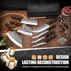 MDHAND 14PCS Professional Butcher Knife Set with Roll Bag, Heavy Duty Meat Cleaver, Boning Knife, Viking Knives, Hand Forged Chef Knife Set, Meat Cutting Knife for Kitchen, Gift for Men, BBQ, Camping