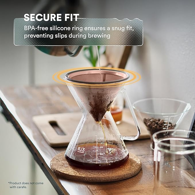 OVALWARE Paperless Stainless Steel Pour Over Coffee Filter – Reusable and Permanent Coffee Cone Dripper for Ovalware, Chemex, Hario and Other Carafes (Titanium Rose Gold)