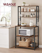 VASAGLE Coffee Bar, 31.5 Inches Baker's Rack for Kitchen with Storage, 6-Tier Kitchen Shelves with 6 Hooks, Microwave Stand, Industrial, Rustic Brown and Black UKKS019B01