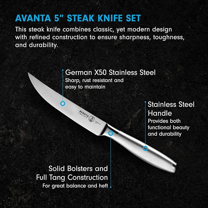Messermeister Avanta Forged 5” Fine Edge Steak Knife Set - Pack of 2 - German X50 Stainless Steel - Rust Resistant & Easy to Maintain - 8 Steak Knives Total