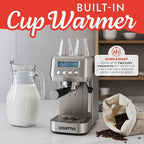 Gourmia Slim Espresso Machine – 20-Bar Pump, LCD Display, Milk Frother, Adjustable Temperature, Manual & Auto Brew for Single/Double Shots, 1350W, Stainless Steel