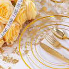 bUCLA 300Pcs Clear Gold Plastic Disposable Dinnerware Set - Clear Plates with Gold Trim Include 50 Dinner / 50 Dessert Plates,50 Cups,150 Plastic Silverware Set for Party, Fall & Thanksgiving