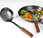 FJNATINH Stainless Steel Wok Spatula,Ladle,Skimmer Ladle Tool Set,Mirror Polished Cooking Utensils with Wooden Handle,Easy to Clean Wok Accessories,Black 3 PCS