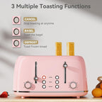Toaster 4 Slice, Retro Stainless with 6 Bread Shade Settings,1.5''Wide Slots Toaster with Cancel/Defrost/Reheat Functions,Dual Independent Control Panel, Removal Crumb Tray (Pink)