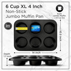 Wrenbury Jumbo Muffin Pan 6 Cup - Nonstick XL Deep Muffin Pan for Baking 3.75" Cup - Big Cup Tin - Oversized Extra Large Cupcake Mold - Dishwasher Safe - PTFE Free