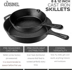 Cast Iron Skillet Set - 8" + 12"-Inch Frying Pan - Pre-Seasoned Oven Safe Cookware + 2 Heat-Resistant Handle Holder Grips - Indoor/Outdoor Use - Grill, Stovetop, BBQ, Camping Fire Pit, Induction Safe
