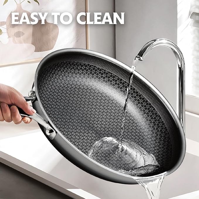 Frying Pan with Lid, 12 Inch Hybrid Non Stick Stainless Steel Skillets, Dishwasher Induction Oven Broiler Safe, Non Toxic Chef's Pan, PFOA Free Cookware