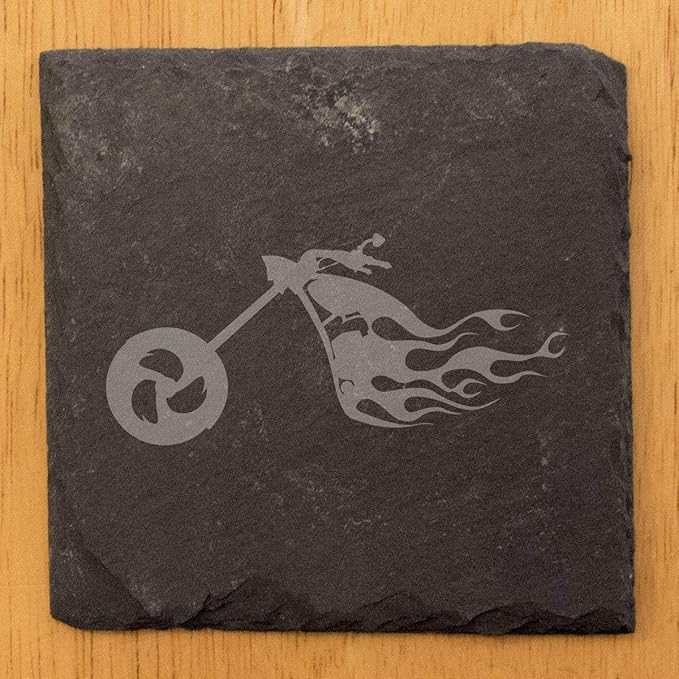 Ride The Fire: Flaming Chopper Motorcycle Coasters - Square Slate - Set of 4