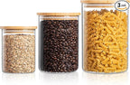 Glass Storage Containers with Wooden Lids, Airtight Jar for Kitchen Countertop Set of 3, Pantry Flour and Sugar Canisters for Candy, Cookie, Rice, Coffee Beans, Snacks, Spices
