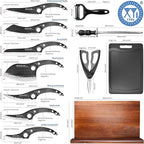 XYJ Authentic Since 1986,Kitchen Knife Block Set,High Carbon Steel Blades,Knives Set with Wooden Magnetic Knife Block,Sharpening Steel,Cutting Board,Cleaver Slicing Knife,Wood Handle