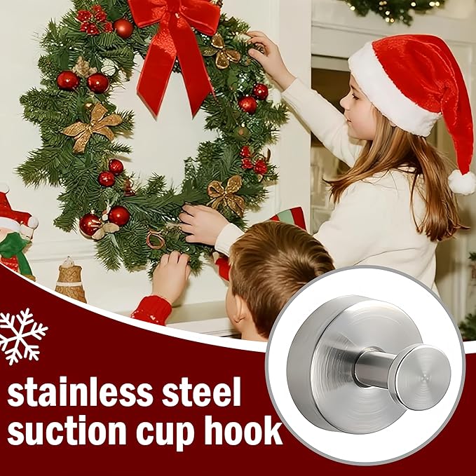 Suction Cup Hooks for Wreaths on Glass, 2026 Upgrade No Drill Towel Hooks Stainless Steel Waterproof Suction Cup Hooks, Wreath Hanger for Front Door for Kitchen, Bedroom (2, Black)