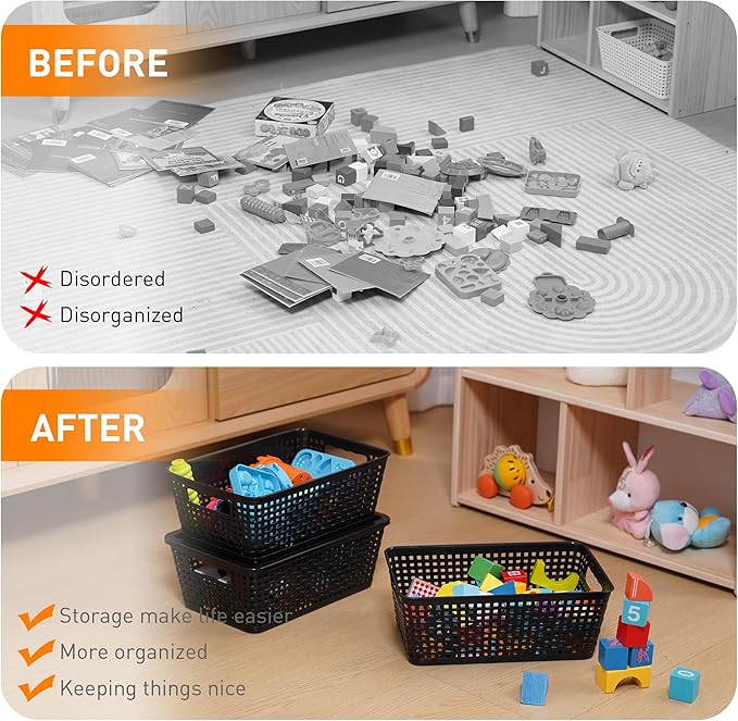 Plastic Storage Baskets With Lid, Storage Bins for Organizing, Stackable Decorative Containers for Shelves Drawers Desktop Closet Playroom Classroom Office,10 Pack-Black
