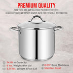 Stainless Steel Stockpot with Tempered Glass Lid 24 Quart, Durable 18/0 Stainless Steel, Impact-Bonded Base for Even Heating, Riveted Handles, Oven & All Stove Compatible, Safe Up To 500°F (260°C)