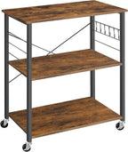 VASAGLE Kitchen Shelf on Wheels, Serving Cart with 3 Shelves, Kitchen Cart, Microwave Shelf, for Mini Oven, Toaster, with 6 Hooks, Industrial Style, Rustic Brown and Black UKKS067K01