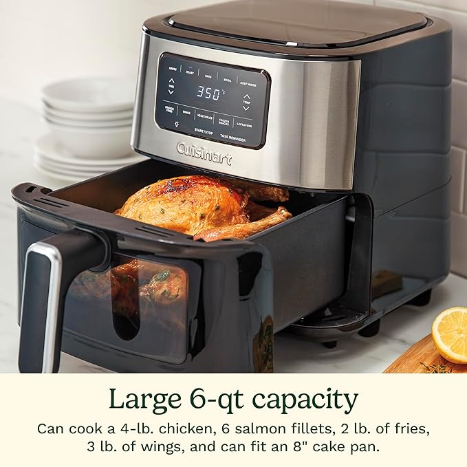 Cuisinart Air Fryer, 6-Quart Basket Large Fryer with 5 Cooking Functions to Roast, Bake, Broil, Air Fry and Keep Warm, 5 Airfryer Presets, Dishwasher-Safe Parts, AIR-200, Stainless Steel & Black