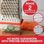 Box Cheese 4-Sided Grater w 2 Attachable Storage Containers w Lids- Mess-Free Shredder & Slicing - Stainless Steel, Soft Grip Handle, Non-Slip Base, Built-In Measurements- Thanksgiving Kitchen Gadget