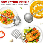 5 Pcs Newness Cooking Utensils Set, 304 Stainless Steel Kitchen Utensils Set, Metal Kitchen Accessories, Include Soup Ladle, Slotted Skimmer Spoon, Spaghetti Spoon and Spatula, Dishwasher Safe