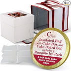 Cakebon Cake Box and Boards, 8-Inch Round Gold Smooth Edges 1/2- Inch Thick Drums with Insulated Bag and Ice Pack – Cake Transport Set, Cooler for Cake Delivery and Transport (1pc Each, 4pcs Total)