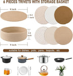 8" Trivets for Hot Dishes, Hot pots and Pans,6 Heat Resistant Hot Pads and Storage Basket 1 Pack,Pot Holders for Kitchen, Hot Plate Mats for Kitchen Countertops