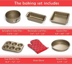 Moss & Stone 5 Piece Baking Pans Set, Carbon Steel Non-Stick PTFE Coating Oven Safe Baking Sheet Set, Bakeware Set With Heat Red Glove, Cookie Sheets For Baking Nonstick Set
