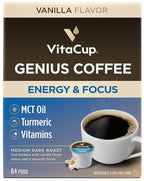 VitaCup Genius Vanilla Keto Coffee Pods w/MCT Oil, Turmeric, B Vitamins, & D3 for Energy & Focus in Recyclable Single Serve Pod Compatible with K-Cup Brewers Including Keurig 2.0, 64 CT