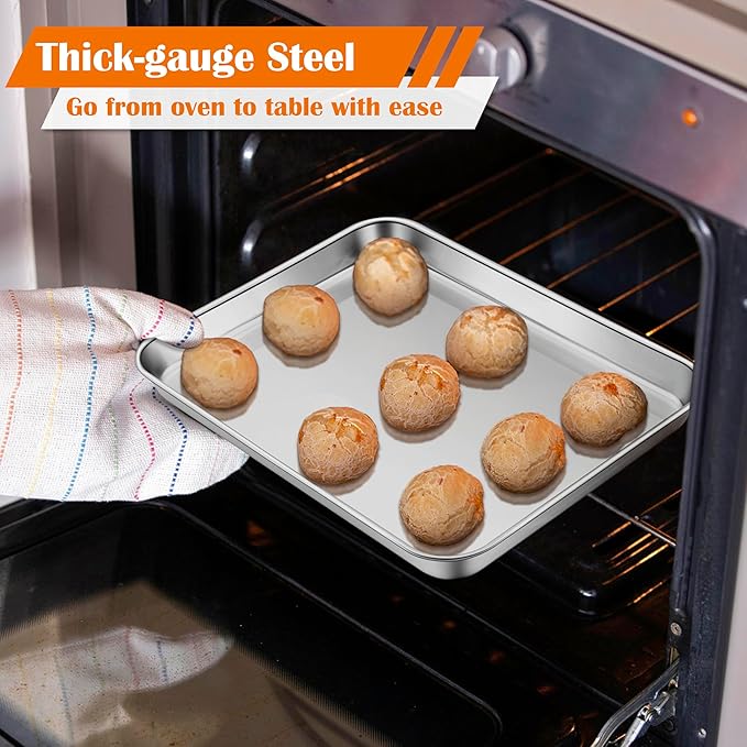 E-far Toaster Oven Tray, 10.5”x8.3” Stainless Steel Small Baking Cookie Sheet, Compact Non-toxic Metal Baking Pan for Cake, Healthy & Rust Free, Mirror Finish & Dishwasher Safe, 1 Pack