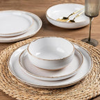 AmorArc 18 Pieces Ceramic Dinnerware Sets for 6, Handpainted Stoneware Plates and Bowls Set with Rustic Terracotta Underside, Scratch Resistant Dishes Set, Dishwasher & Microwave Safe, White