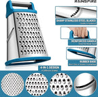 Rainspire Professional Box Grater, Cheese Grater Box for Kitchen Stainless Steel with 4 Sides, Cheese and Spice Graters with Handle for Vegetables, Ginger, Potatoes, Blue