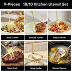 Lazycorner Kitchen Utensil Set 9-Piece Stainless Steel 304 Polished Mirror Finish Cooking Spoons, Slotted Spoon, Turner, Spatula, Pasta Spoon– Dishwasher Safe, Rust-Resistant