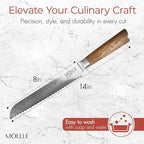 MOELLE Professional 9 Inch Serrated Knife – Kitchen Knife for Chefs/Cooks - Crafted with Damascus Steel Danish Design Ergonomic Teak Wood Handle