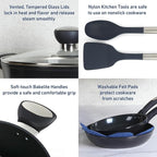 Oster Hawke 14 Piece Aluminum Premium PFA Free Ceramic Nonstick Blue Saphirre Pots and Pans Cookware Set W/Induction Base