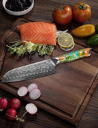 Santoku Knife - 7 inch - Xuan Series - VG10 Damascus Steel Kitchen Knife - Resin Handle (Fantasy Orange)