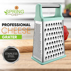 Spring Chef Professional Cheese Grater - Stainless Steel Box Grater for Kitchen, XL Size - Perfect 4 Sided Shredder for Parmesan Cheese, Vegetables, Ginger - Dishwasher Safe - Mint