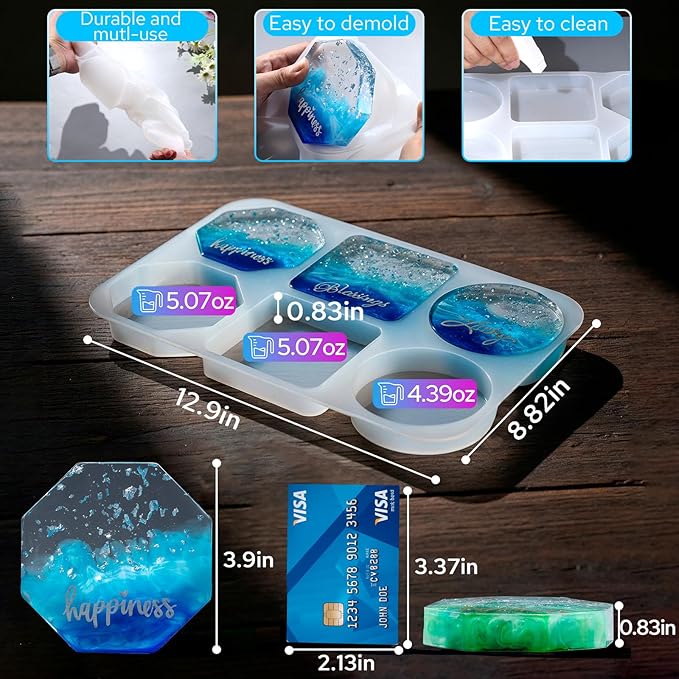 LET'S RESIN Extra Deep Coaster Resin Molds, 6 Cavity Round/Square/Octagon Shape Silicone Molds for Epoxy Resin, Flower Preservation, DIY Art Craft Cup Mats
