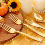 KIRE 400PCS Gold Plastic Silverware - Extra Heavy Duty Hammered Silverware Disposable Set, Gold Utensils Set Include 200 Forks,100 Knives,100 Spoons for Thanksgiving Party, Wedding