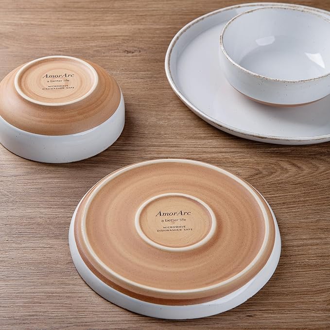 AmorArc 24 Pieces Ceramic Dinnerware Sets for 6, Handpainted Plates and Bowls Set with Rustic Terracotta Underside, Scratch Resistant Stoneware Dishes Set, Dishwasher & Microwave Safe, White