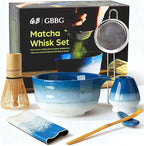 Matcha Whisk Set, Ceramic Matcha Set, Matcha Bowl, Matcha Whisk and Holder, Bamboo Scoop, Scoop Rest, Sifter and Tea Towel - 7 Pcs Matcha Kit for Lovers Family Birthday Gift (Blue)