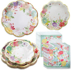Kate Aspen Garden Blooms 62pc Paper Plates Napkins, 16pcs 7 inch & 16pcs 9 inch Heavy Duty Disposable Party Plates, 30pcs 6.5 inch Durable Paper Napkins for Bridal Shower, Baby Shower, Wedding Party