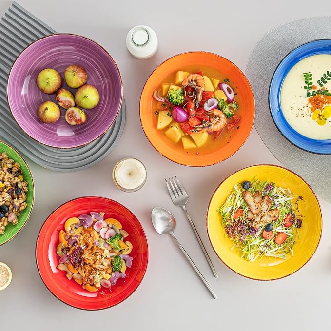 vancasso Bonita Pasta Bowls Set of 6, 38 oz Shallow Bowls, Ceramic Pasta Plates and Salad Bowls, Microwave & Dishwasher Safe Serving Bowls, Assorted Colors